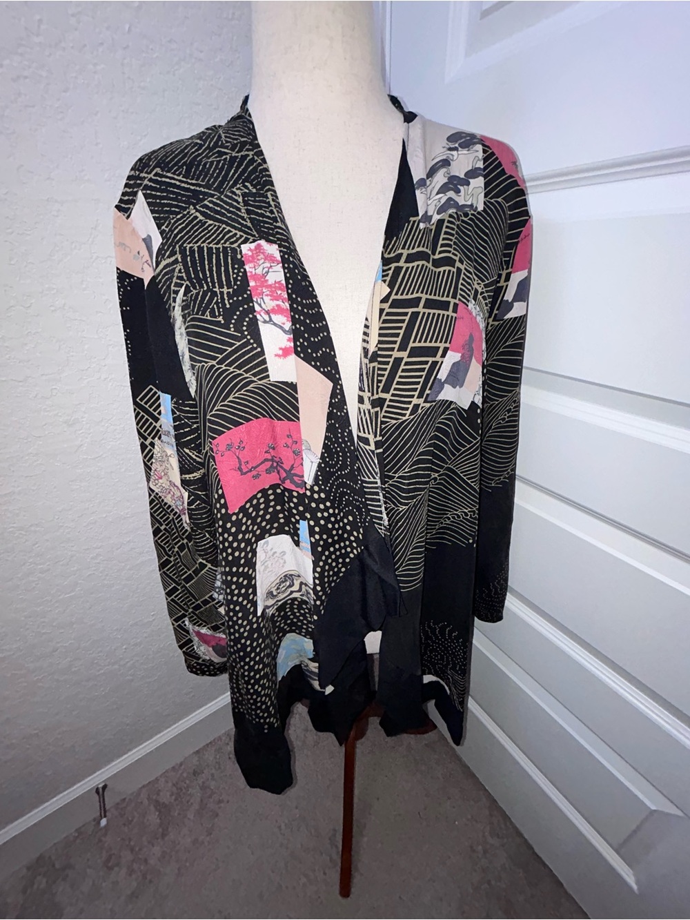 Citron Santa Monica Mix Print Open Front Kimono 100% Silk Cardigan Jacket